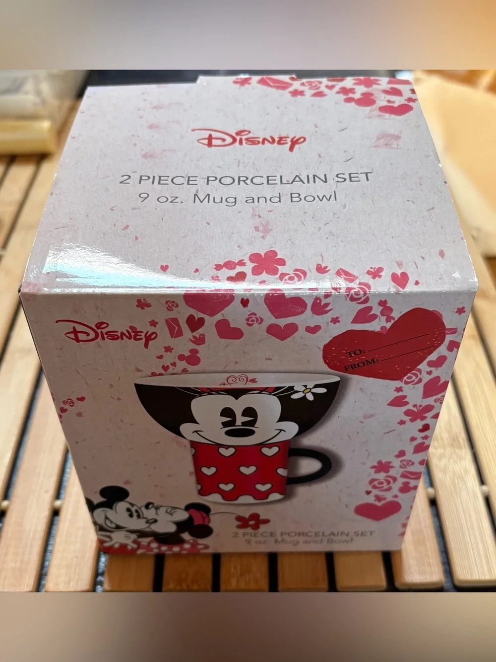 New-In-Box Disney Minnie Mouse Red and Black Heart Porcelain Mug & Bowl Set